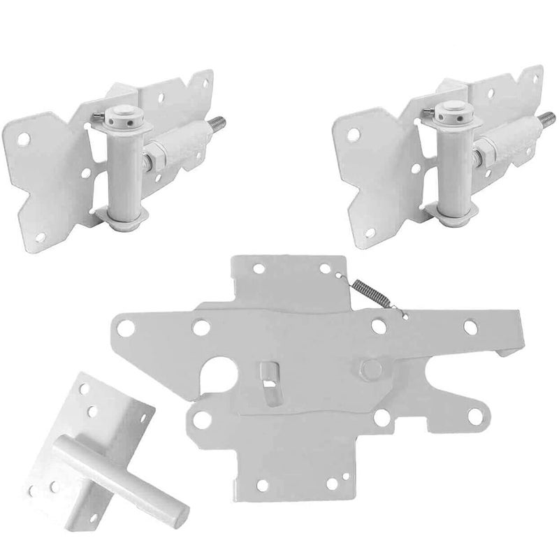 Jake Sales Self Closing Vinyl Fence Gate Single Gate Hardware Kit White (for Vinyl, PVC etc. Fencing) Fence Gate Kit - Single Fence Gate Kit has 2 Hinges and 1 Latch w/Screws (Lockable Both Sides) - Image 1